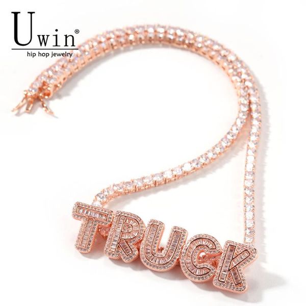 

uiwn name necklace baguette letters with tennis chain full iced out zircon pendant gift hiphop jewelry, Silver