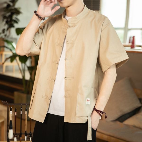 

mrdonoo summer shirt chinese style men's loose stand collar short sleeve shirt cardigan buckle -5xl plus size dropshipping, White;black