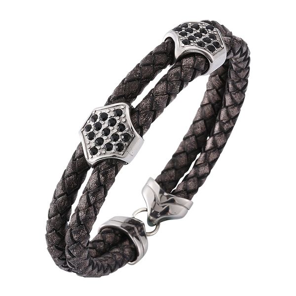 

zircon bracelets vintage genuine leather braided bracelet men fashion braided handmade bangles male jewelry gift bb0206, Golden;silver