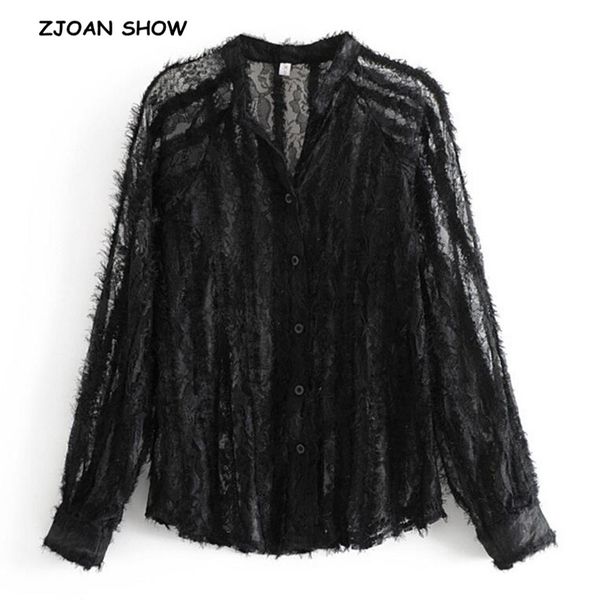 

2019 spring new women feather tassel lace shirt vintage v neck single-breasted button long sleeve see through blouse, White
