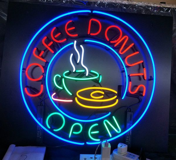 

кофе пончики открыть неоновая вывеска свет бар реклама развлечения украшения искусства дисплей настоящее стекло лампа металлический каркас 1