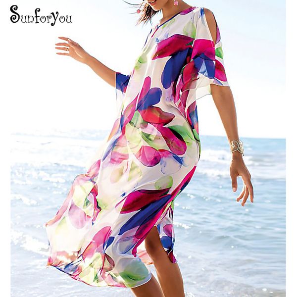 

2019 chiffon beach dress print bikini cover up pareo de plage beach cover up swimwear women plus size kaftan dress tunic, Blue;gray