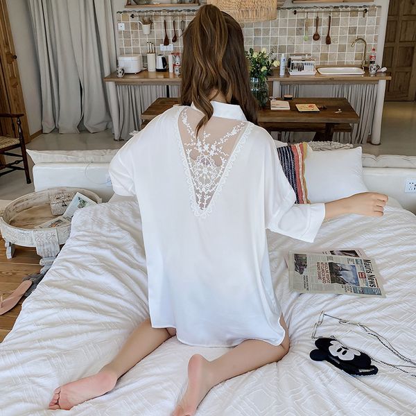 

spring and autumn loose private pyjamas women summer thin ice silk long white shirt nightdress short sleeve boyfriend style, Black;red