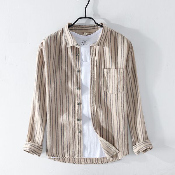 

2020 men's long sleeve stripe shirts 100% pure linen summer casual shirts man white turn down collar shirt male y2430, White;black