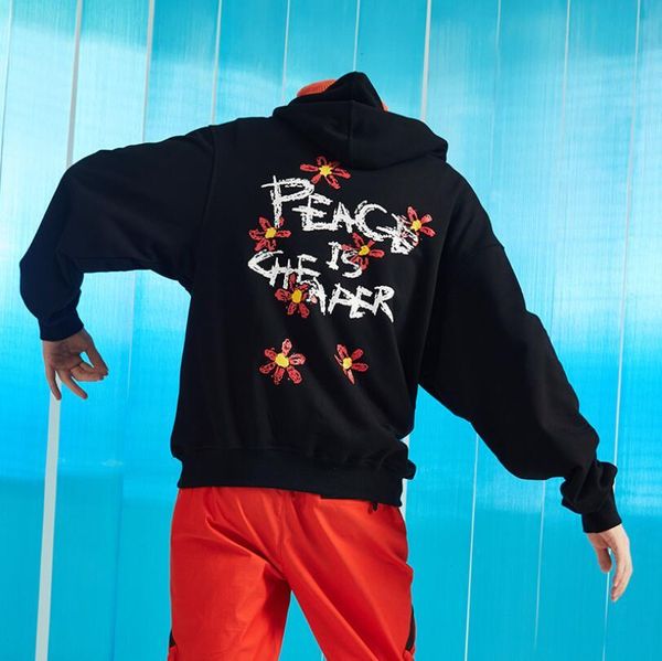 

autumn casual hoodies hip hop long sleeve hooded mens hoodies loose fashion flower print sweatshirts asian size, Black