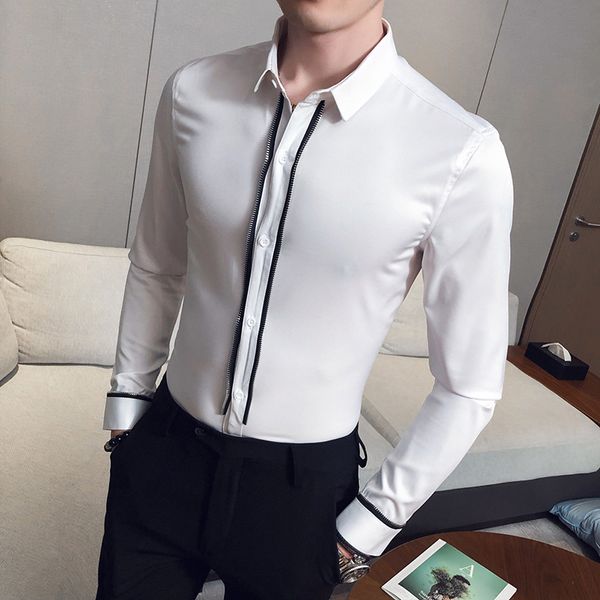 Preto branco camisas de vestido dos homens com zíper decoração casual camisa masculina fino ajuste manga longa formal streetwear blusa social homme245g