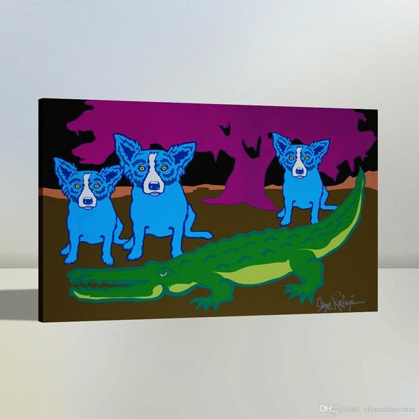 

va. handpainted & hd print modern abstract animal art oil painting blue dog on canvas wall art home office deco a36