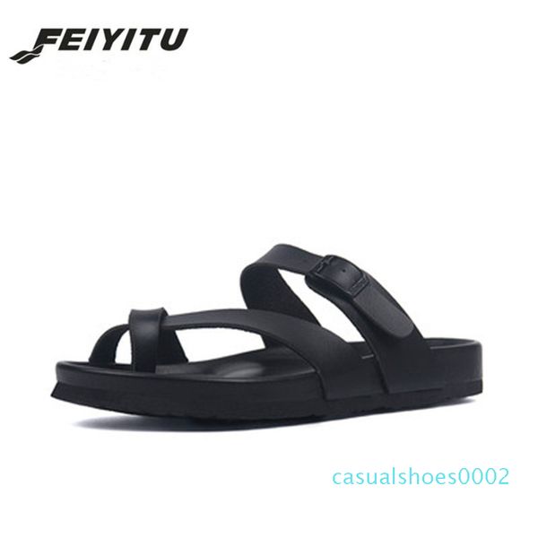 

feiyitu fashion summer cork slippers sandals 2019 new men casual beach double buckle printed slip on slides shoe flat plus siz c02, Black