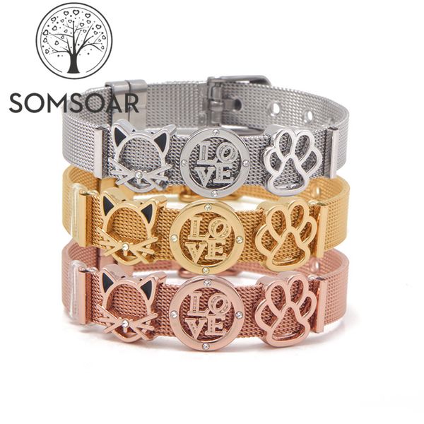 

somsoar jewelry mesh bracelet bangle set with cat & love & feet slide charms as gift for women, Golden;silver