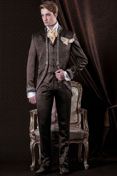 

popular mandarin lapel embroidery groomsmen one button groom tuxedos men suits wedding/prom man blazer ( jacket+pants+vest+tie) m01, Black;gray