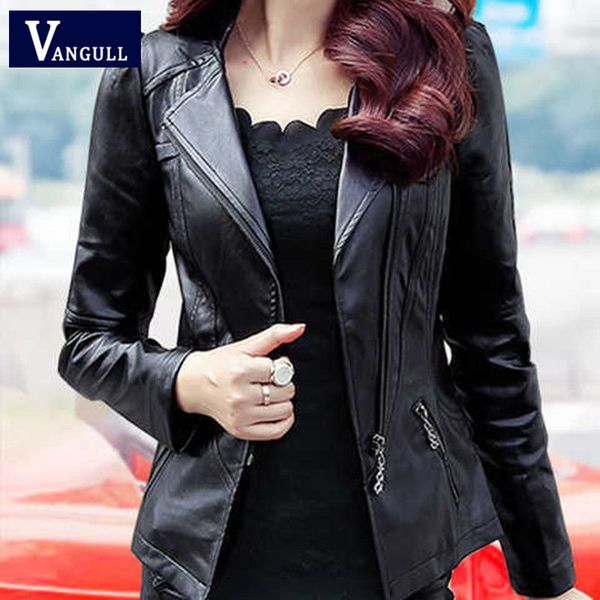 

vangull women leather jacket long sleeve slim short pu faux leather coat 2019 autumn winter new plus size fashion zipper coat, Black