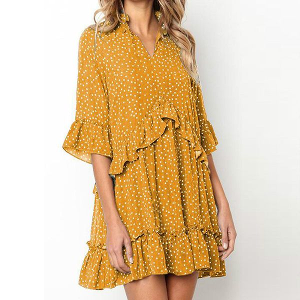 

elegant polka dot print ruffle short boho dress women clothes 2019 casual half sleeve loose ladies summer beach dress, Black;gray