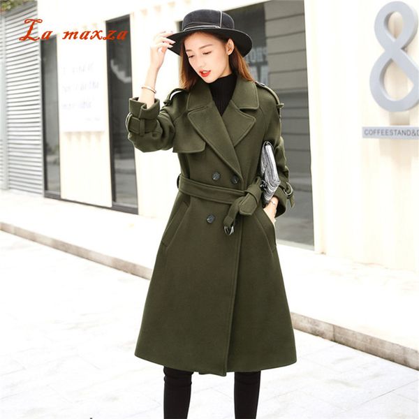 

зимние пальто женщин 2018 женщин винтаж длинное пальто мода корейского стиля карманы шерстяное пальто с поясом, Black