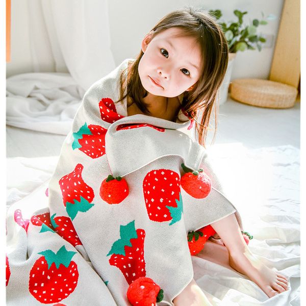 

100*120cm strawberry knitted blanket three-dimensional fringed cotton thread blanket with velvet ball baby embracing