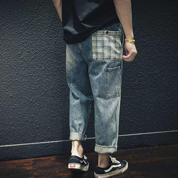 

модные свободные мешковатые гаремные джинсы человек хип-хоп широкие джинсовые брюки накладной карман брюки-карго по щиколотку брюки мужская, Blue