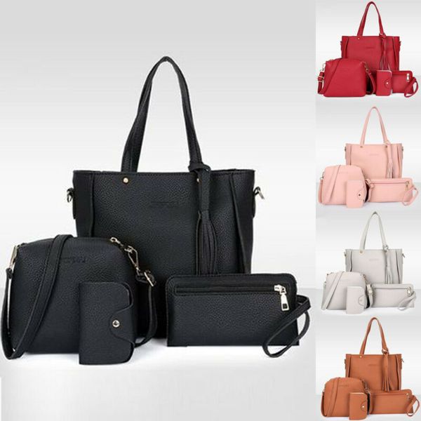 

women ladies leather bags 4pcs/sets handbag messenger tote purse shoulder bags satchel wallets 4pcs solid pu leather wallets, Red;black