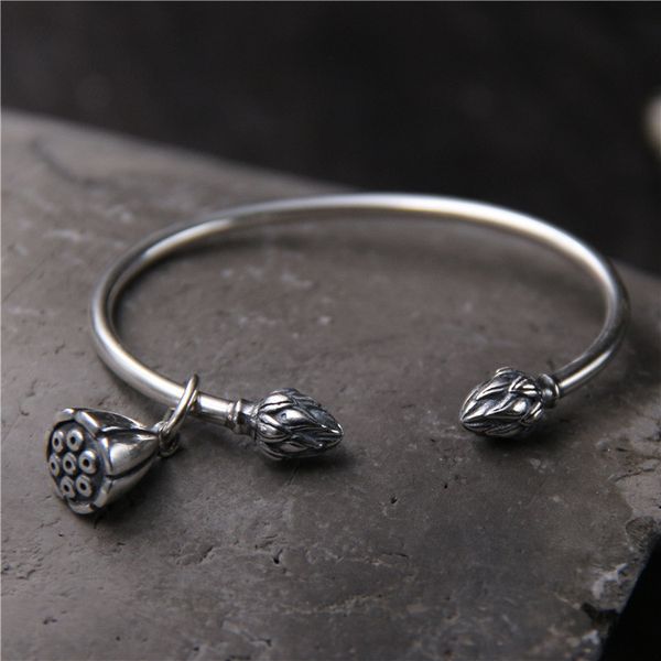 

silver s925 silver thai retro bracelet with pendant lotus lotus peng opening bracelet, Black