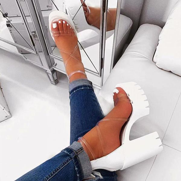 

popular square high heel transparent cross-tied sandals women elegant peep toe stiletto lady female club party sandal wear, Black