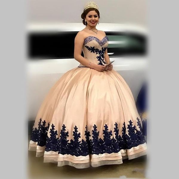 

navy blue champagne ball gowns vestidos de quinceanera applique beaded crystal strapless sweet 16 dress prom graduation party evening gowns, Blue;red