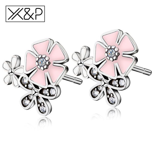 

x&p fashion charm cute sakura crystal silver small stud earrings for women girl party fine cubic zirconia earring jewelry gift, Golden;silver
