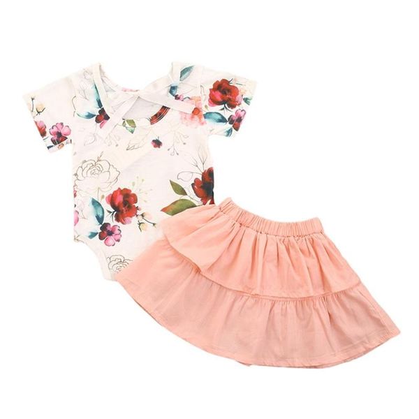 

baby girls two pieces floral rose bodysuit + solid skirt set, White