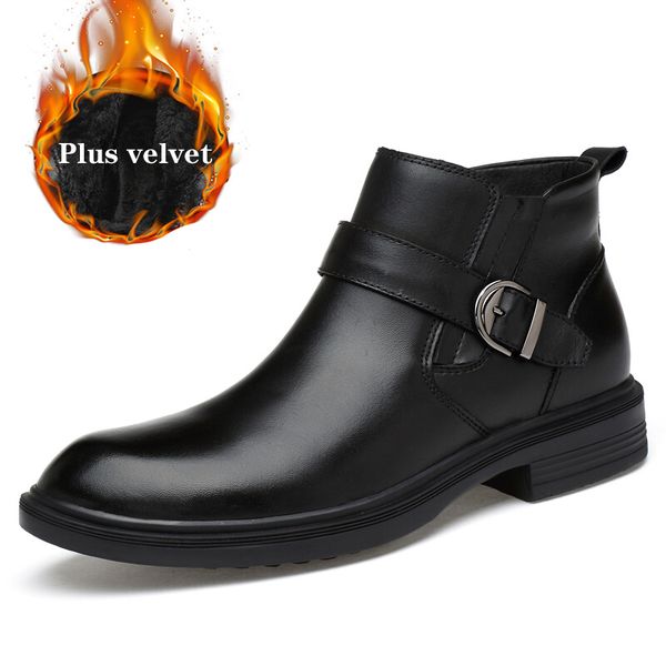 

2019 men genuine leather winter boots plus velvet warm snow men boots ankle for business dress shoes, Black