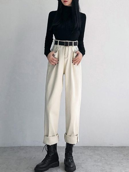 

women's jeans women's straight-cut loose-fit wide-leg spring and autumn high-waisted dad pants students slimming versatile apric, Blue