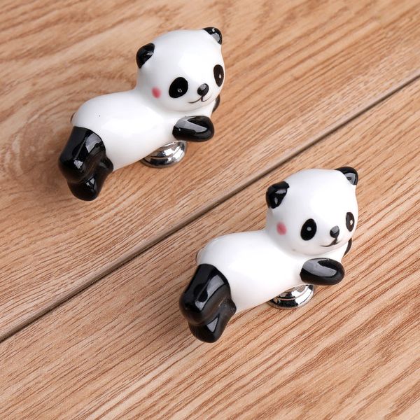 Bonito Urso Cerâmico Dos Desenhos Animados Preto Punho Branco Quarto Sala Gaveta Sapato TV Armário Botão Pull Chrome Prata