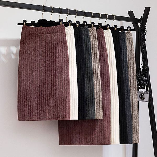 

60-80cm elastic band women skirts autumn winter warm knitted straight skirt ribbed ribbed mid-long skirt black