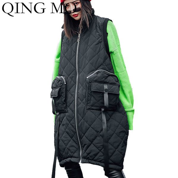 

qing mo black brown women plaid vest 2019 women winter sleeveless parkas big pockets female streetwear loose waistcoat zqy2380, Black;white