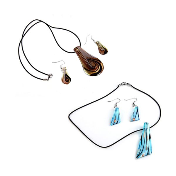 

2 set glass murano pendant necklace earrings - color bar knife shape & brown leaf shape, Silver