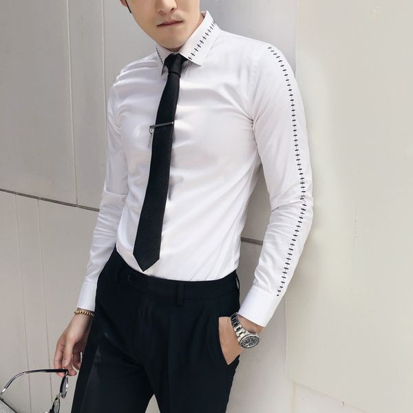 

2019 new boutique fashion design embroidery mens casual long-sleeved shirts male slim shirt black white khaki, White;black