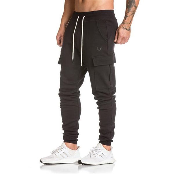 

new men pants cotton sweatpants 2020 camouflage pocket style gyms fitness casual fashion slim trousers male jogger brand pants, Black