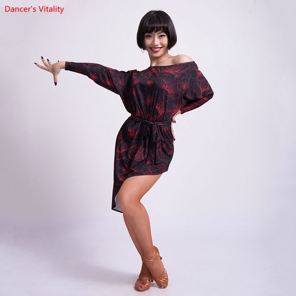 

professional women latin dance dresses 2018 new long sleeve irregular dress latin rumba samba dancing practice costumes, Black;red