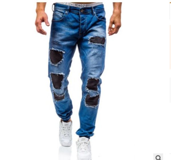 

2019 new street fashion men's jeans trend motorcycle men's personality wrinkle slim straight fashion hole jeans, Blue