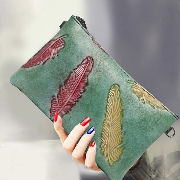 

2019 new clutch bag feather pattern soft genuine leather zipper envelope bags women fashion shoulder crossbody pack female purse