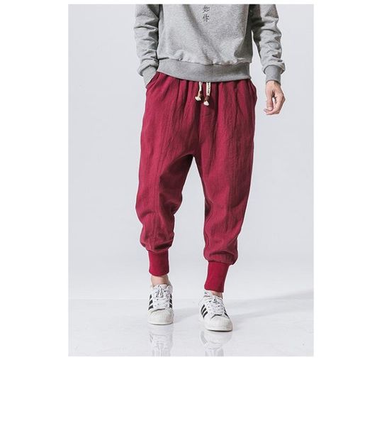 

2018 fashion new men's cotton linen harem pants trousers with elastic loose solid color simple hip hop gothic japanese style, Black