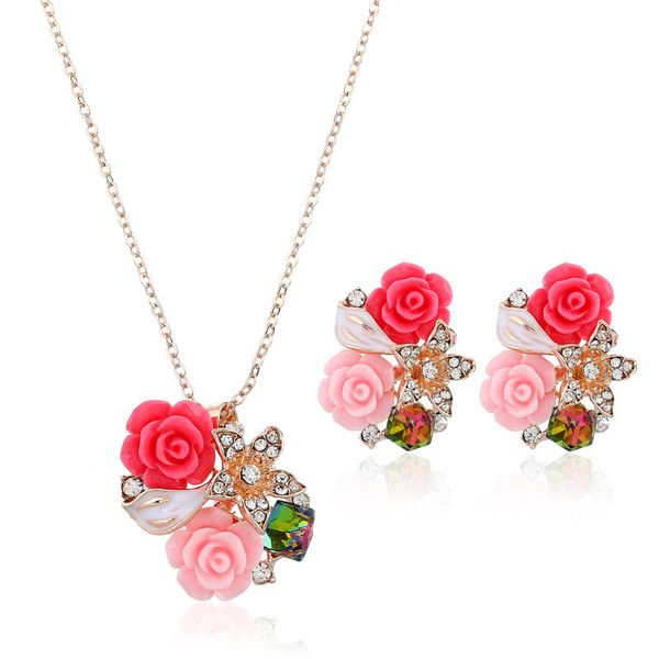 

rose crystal pendant necklace earrings set gold elegant jewelry set women valentine anniversary gifts accessories, Silver
