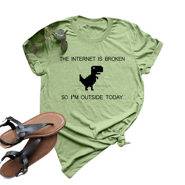 

summer fun t shirts for women the internet is broken t-shirt cartoon dinosaur print short sleeve cotton casual plus size, White