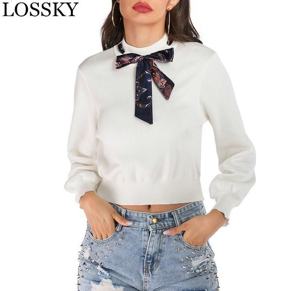 

women autumn winter white knitted sweater casual long sleeve round neck bow tie mujer girl sweaters pullover sweaters crop top, White;black