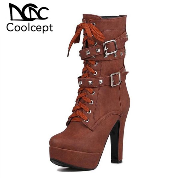 

coolcept size 33-43 women mid calf high heel boots cross strap metal platform short boots thick fur warm woman footwears, Black