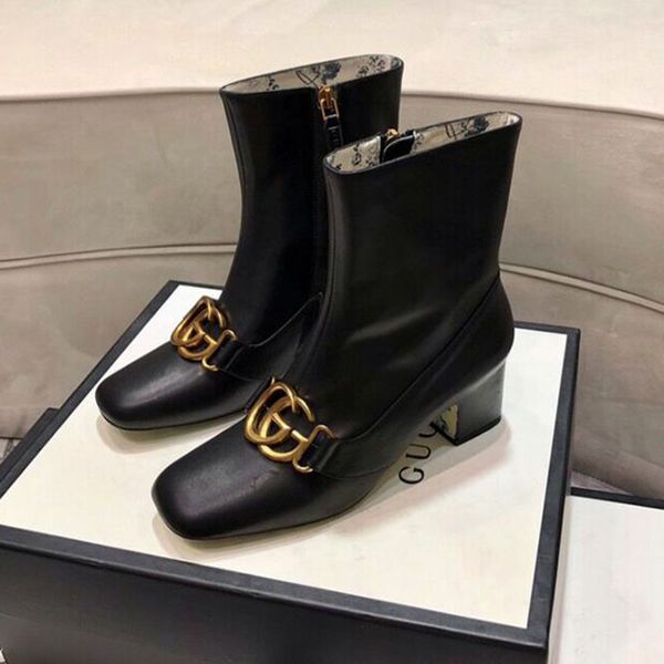 

square head thick with ankle boots female 2019 autumn and winter new fashion metal buckle leather high heels women european station outdoor, Black