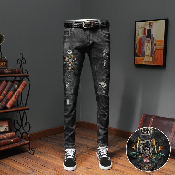 

men casual quality ripped hole embroidery stretch slim fit black jeans, Blue