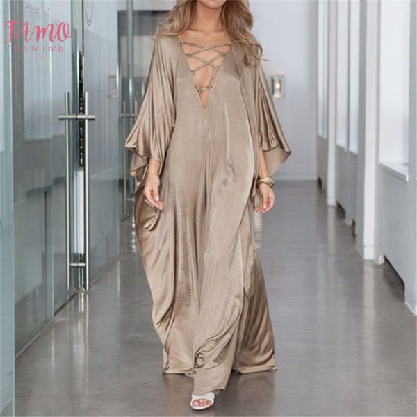 

2020 champagne summer gold lace up plunging neck bats sleeve loose long summer beach dress satin women beachwear maxi dress n877, Black;gray