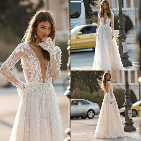 2019 Berta Vestidos de casamento boêmio profundo decote em V rendas apliques sexy sem costas A linha vestido de casamento de praia manga comprida Boho Chic Brid239H