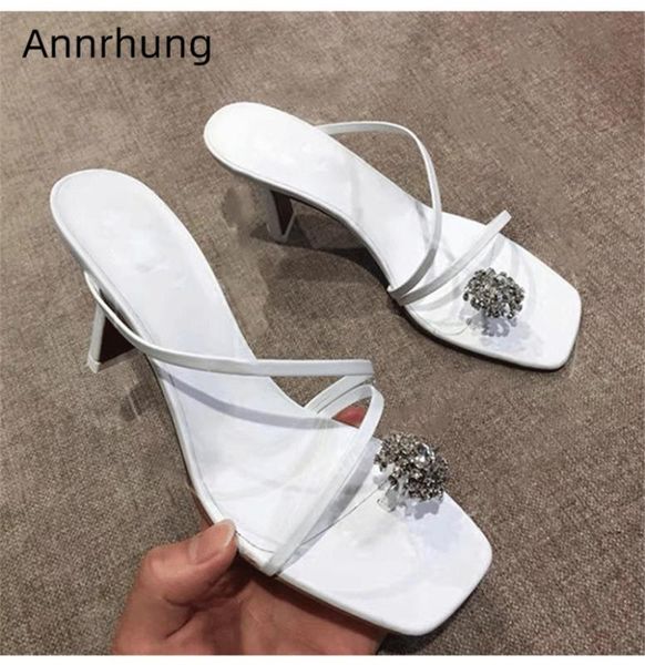 

diamond rhinestone decor high heel slippers women thin heel slip-on mules narrow band summer shoes woman, Black