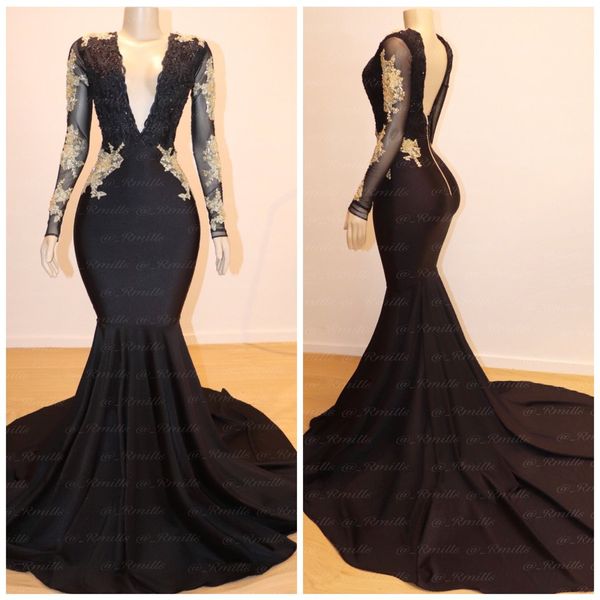 

2020 black deep v neck prom dresses gold lace applique sweep train long sleeves evening gowns plus size backless pageant dress