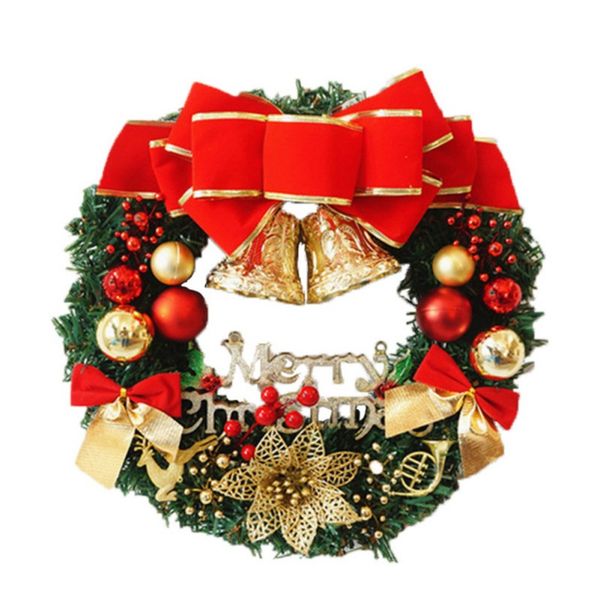 

artificial christmas wreath with large bow, golden bells, christmas balls ornaments holiday front door hanging decorations