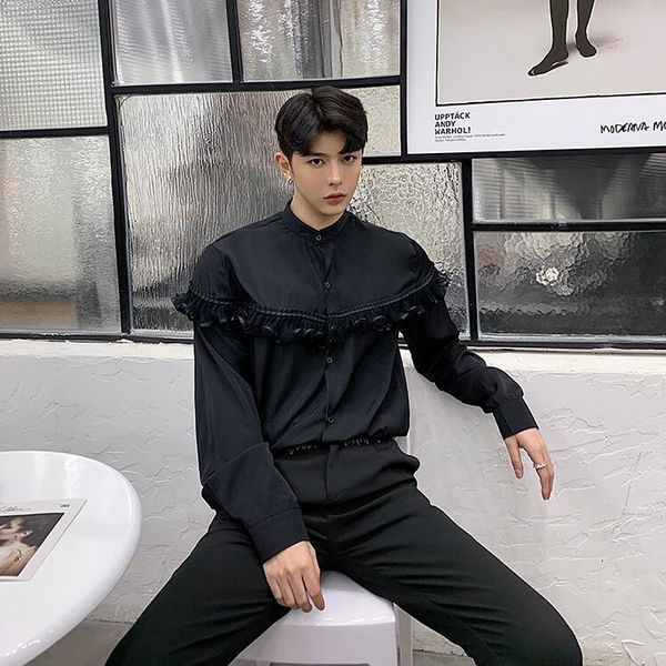 

2019 spring new men streetwear vintage dress shirt black white fashion show stand collar lace long sleeve casual shirts male, White;black