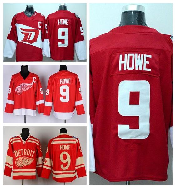 

detroit red wings 9 gordie howe jersey stadium series winter classic ice hockey team color red alternate white quality, Black;red